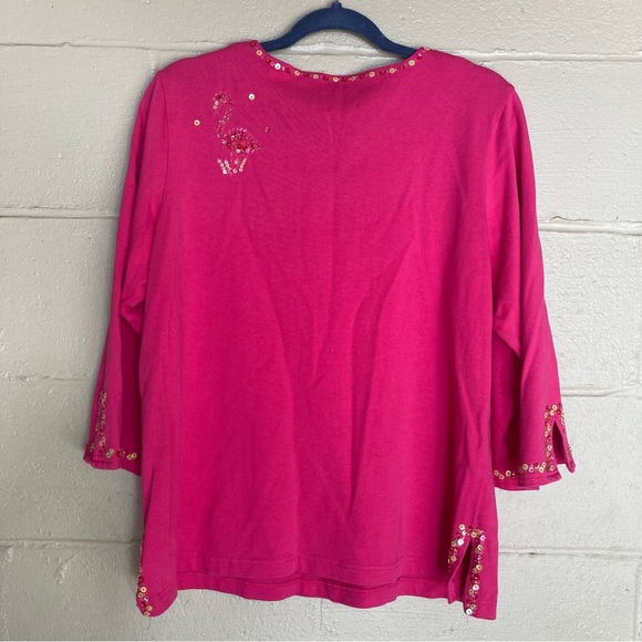 QUACKER FACTORY 3/4 Sleeve Beaded Top Pink Flamingos Palms & Stars Sequins L - Picture 3 of 8